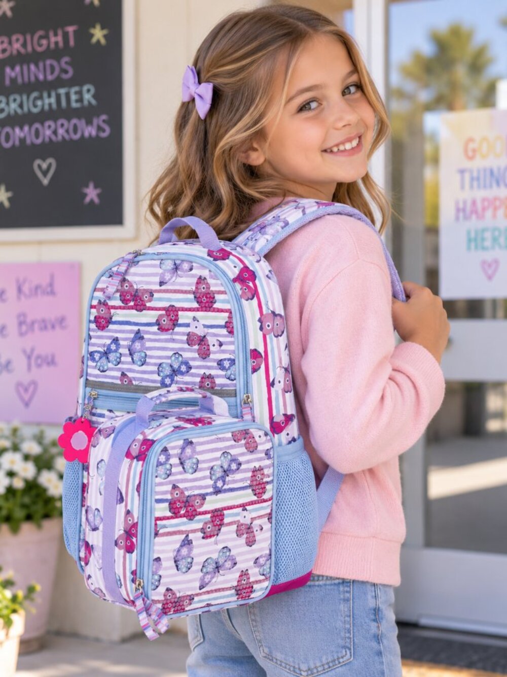 Wonder Nation Butterfly Cabana Backpack 17" 3 Piece Set Lunch Bag Pouch Kids